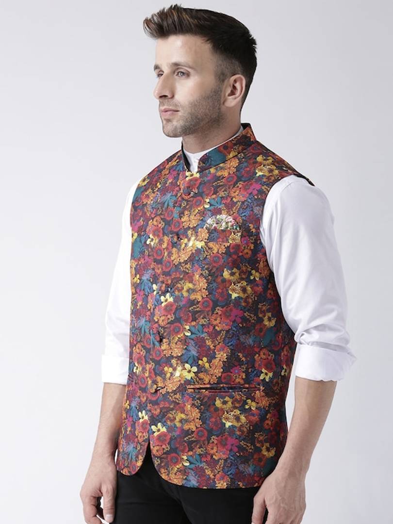 Men's Maroon Viscose
 Printed Nehru Jackets